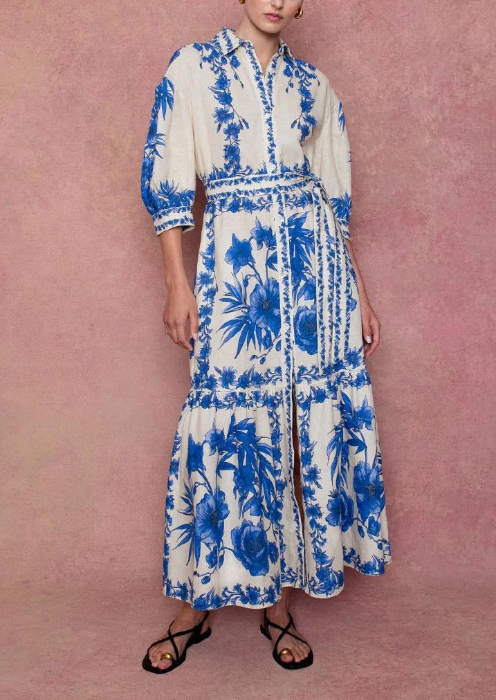 White Blue Linen Maxi Dress