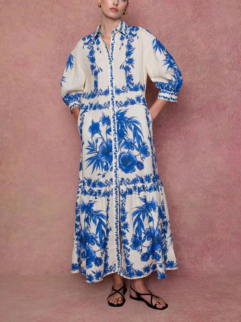 White Blue Linen Maxi Dress