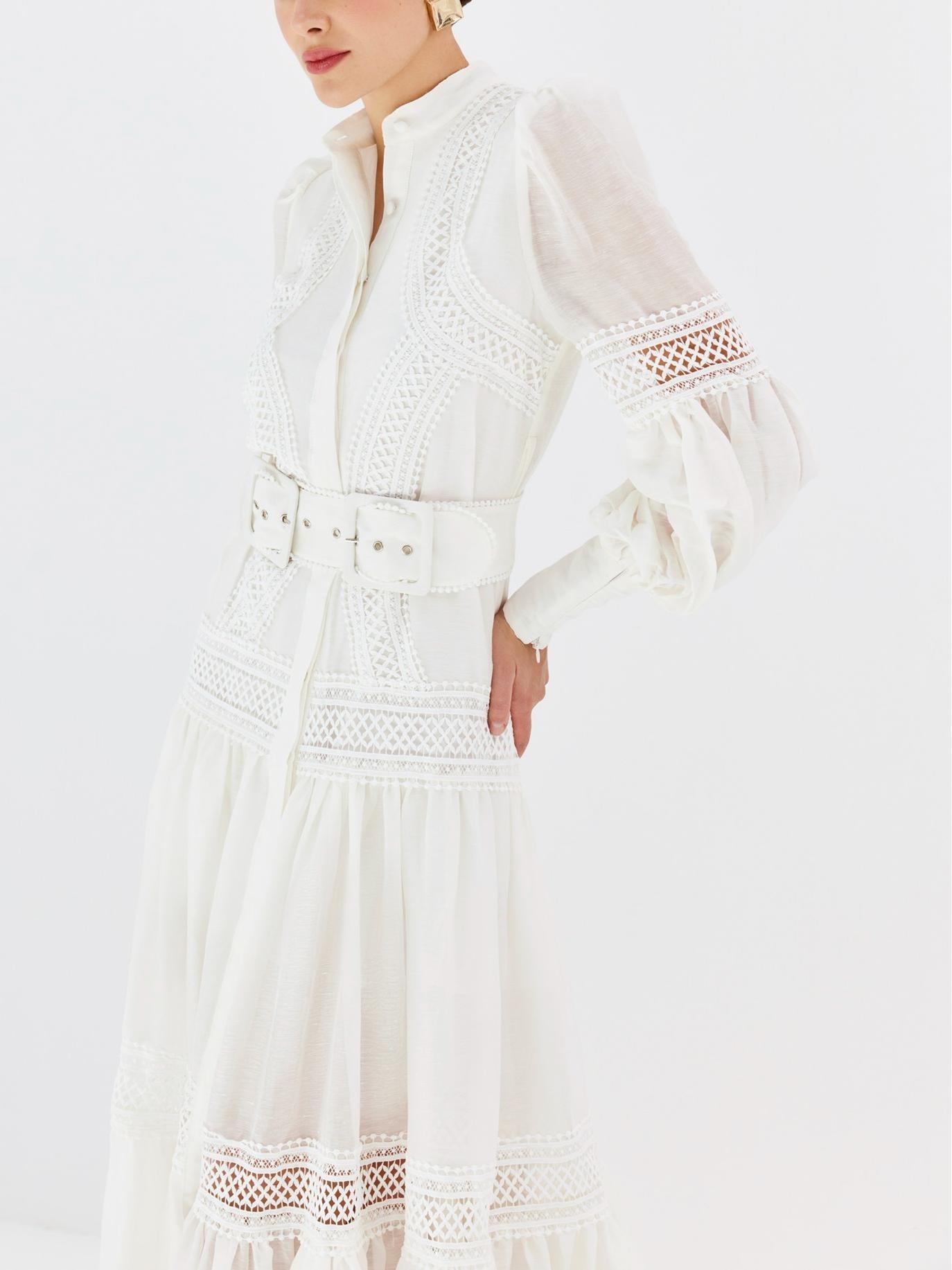 Looped Buttons Midi White Dress