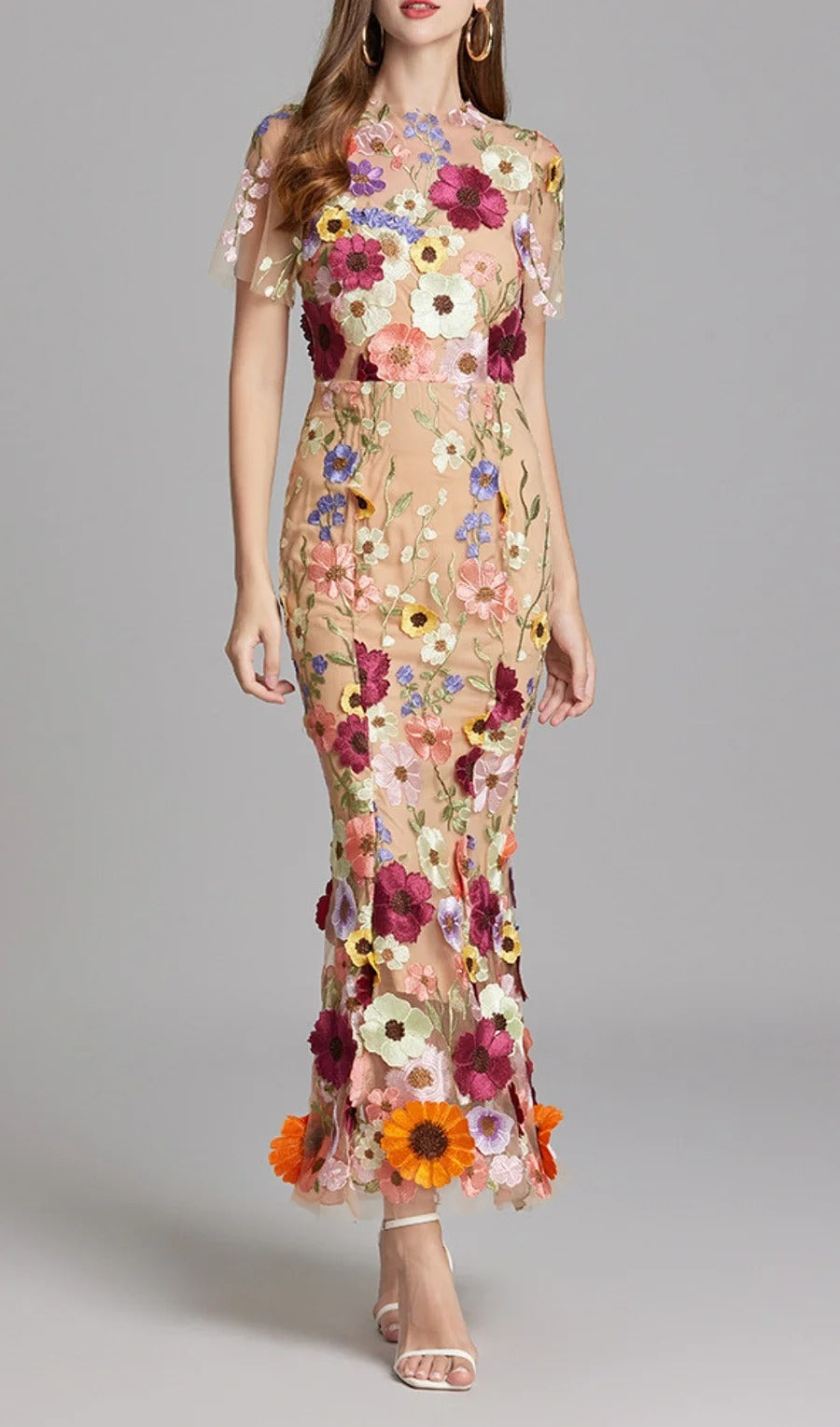 Midi Sleves Floral Embroidery Fishtail Midi Dress