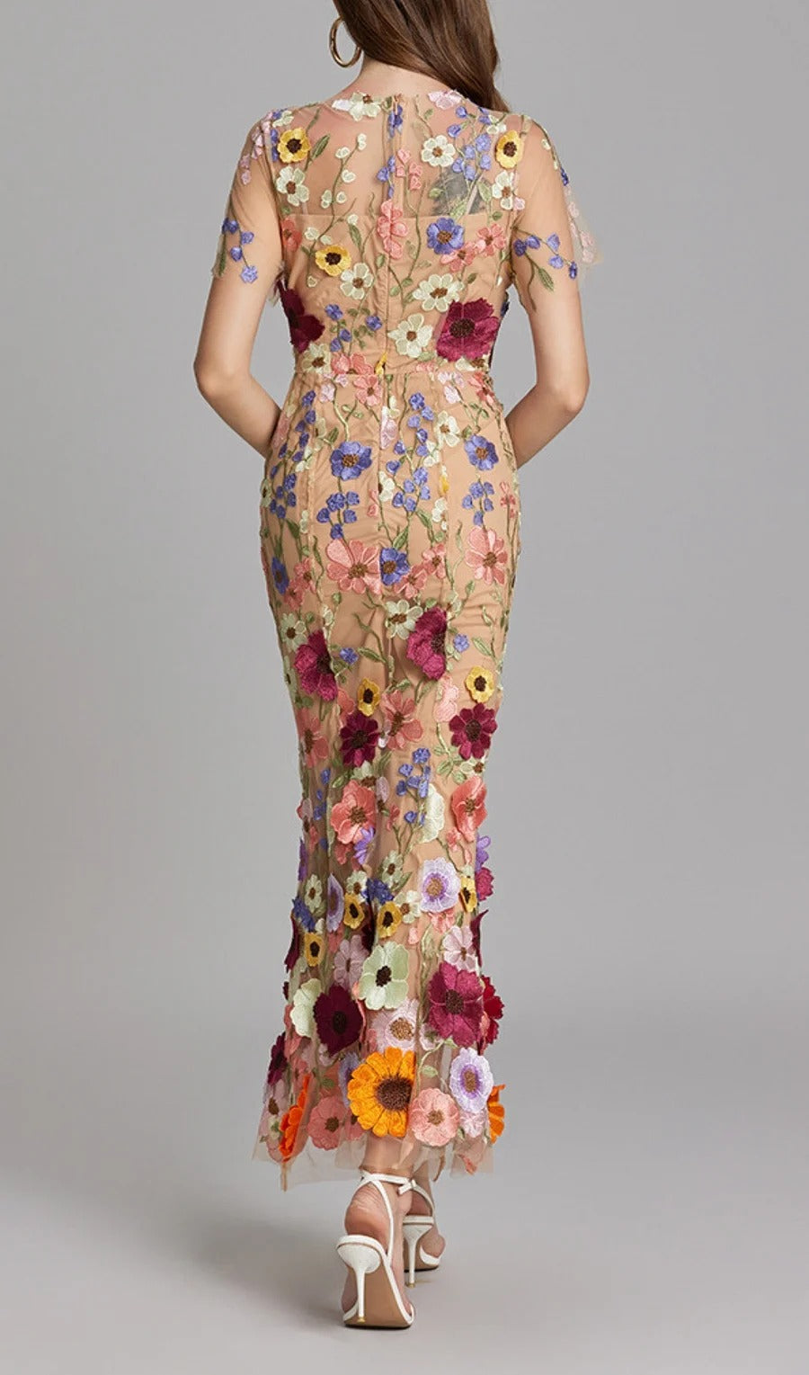 Midi Sleves Floral Embroidery Fishtail Midi Dress