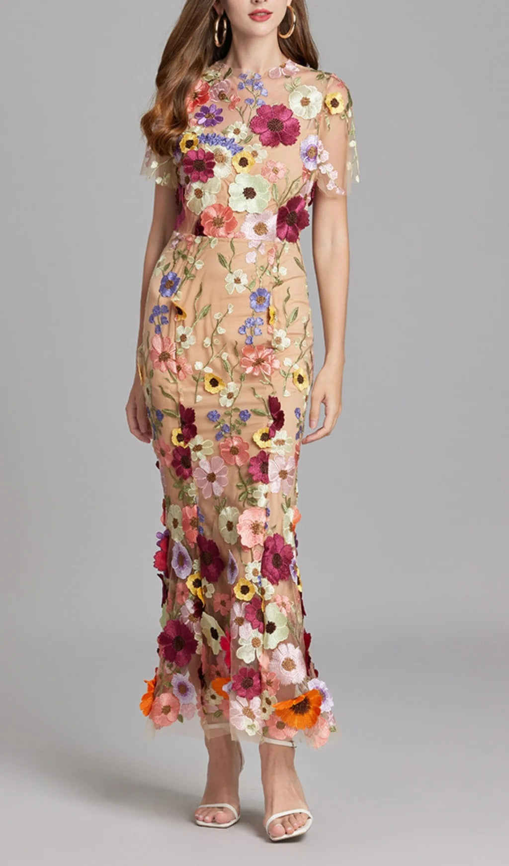 Midi Sleves Floral Embroidery Fishtail Midi Dress