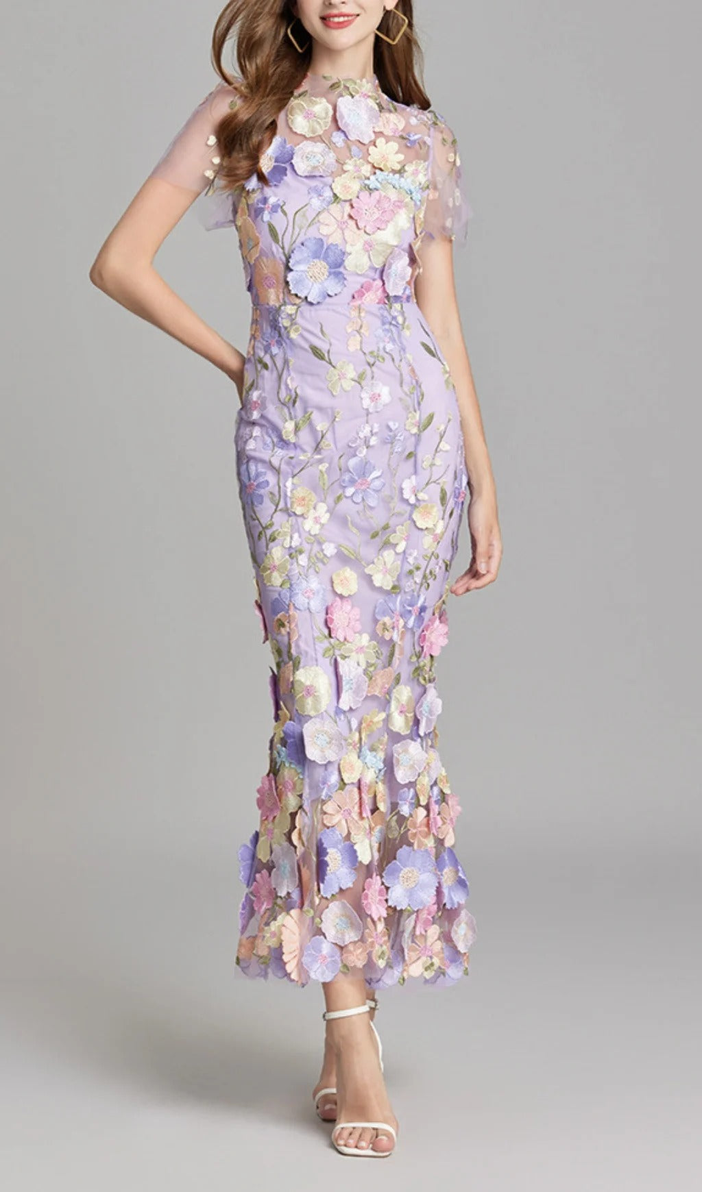 Midi Sleves Floral Embroidery Fishtail Midi Dress