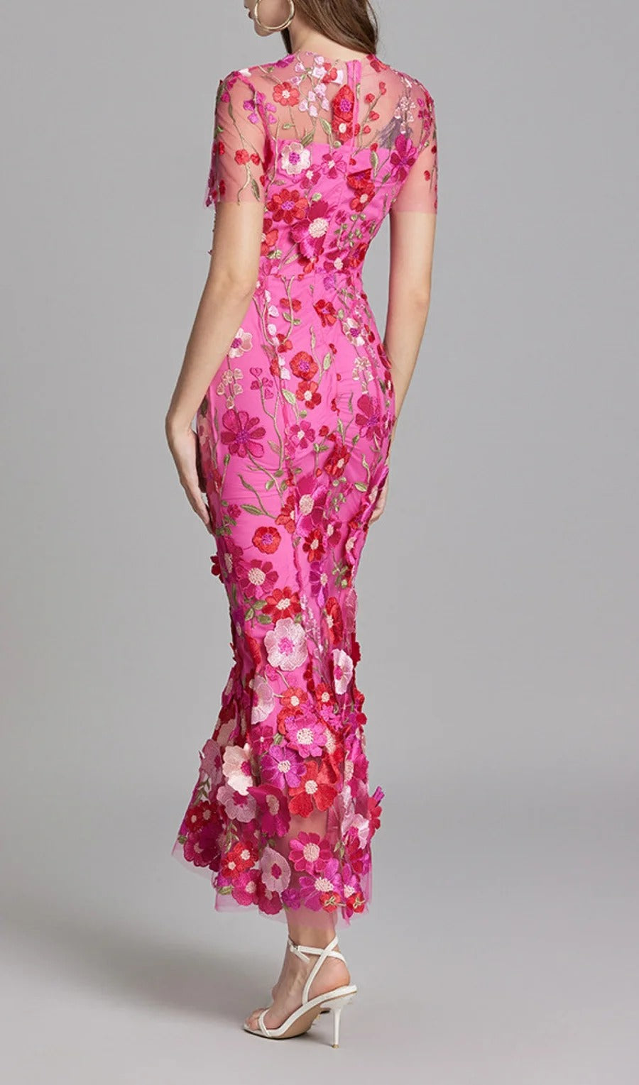 Midi Sleves Floral Embroidery Fishtail Midi Dress
