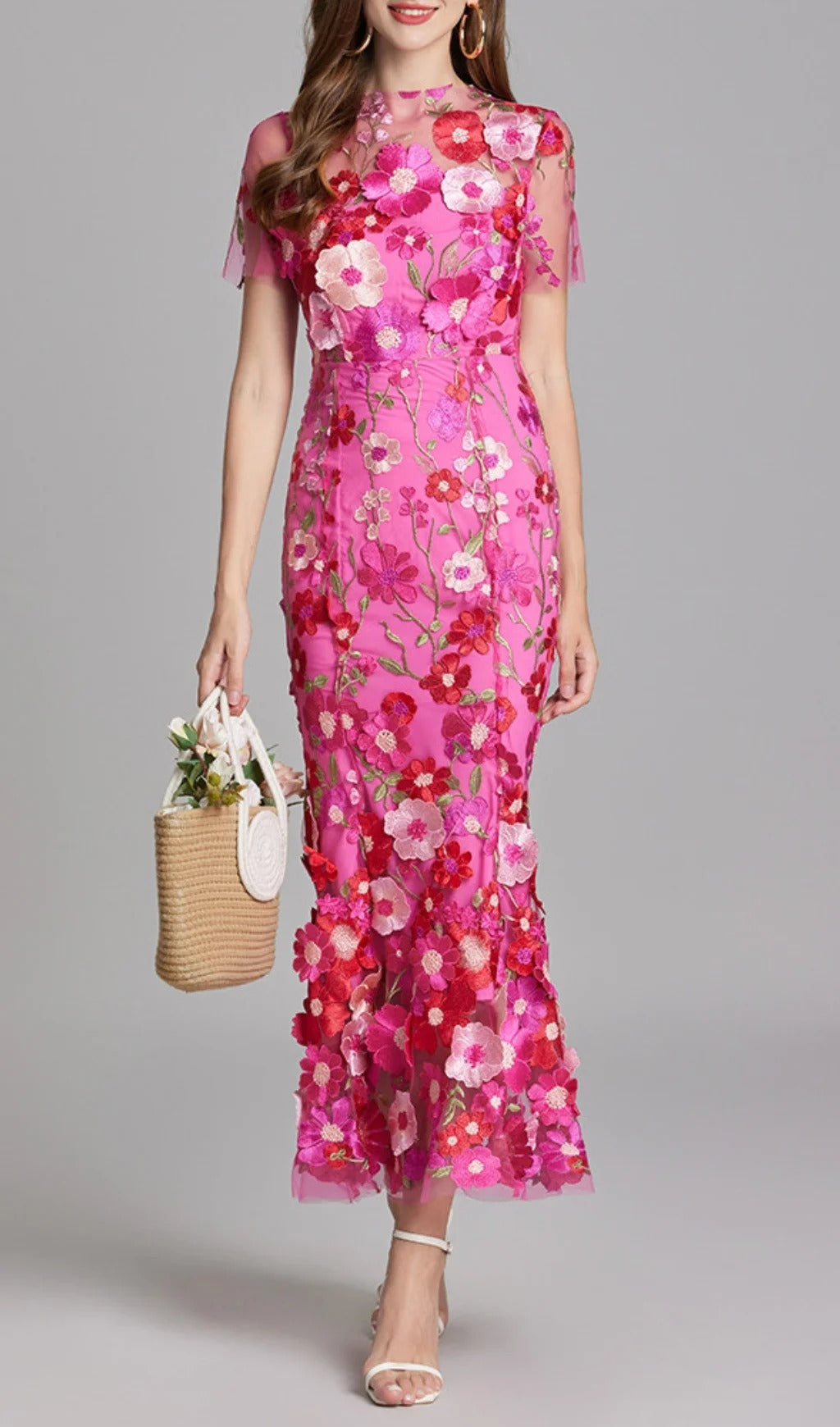 Midi Sleves Floral Embroidery Fishtail Midi Dress