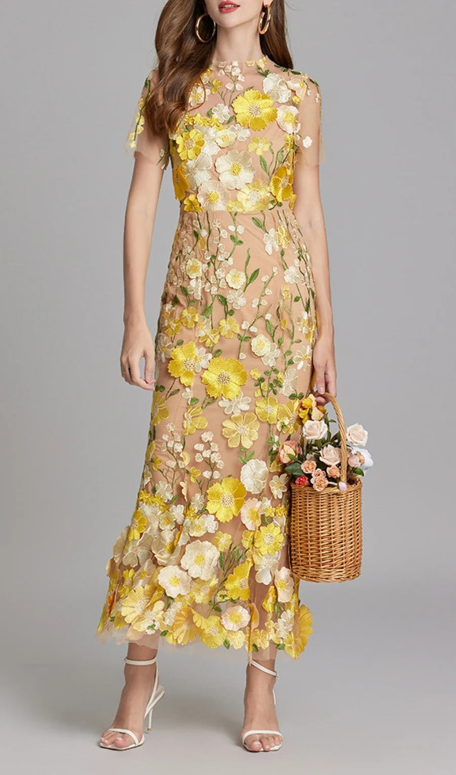 Midi Sleves Floral Embroidery Fishtail Midi Dress