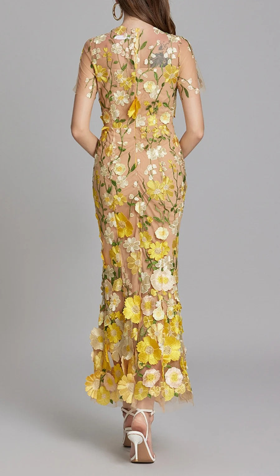 Midi Sleves Floral Embroidery Fishtail Midi Dress