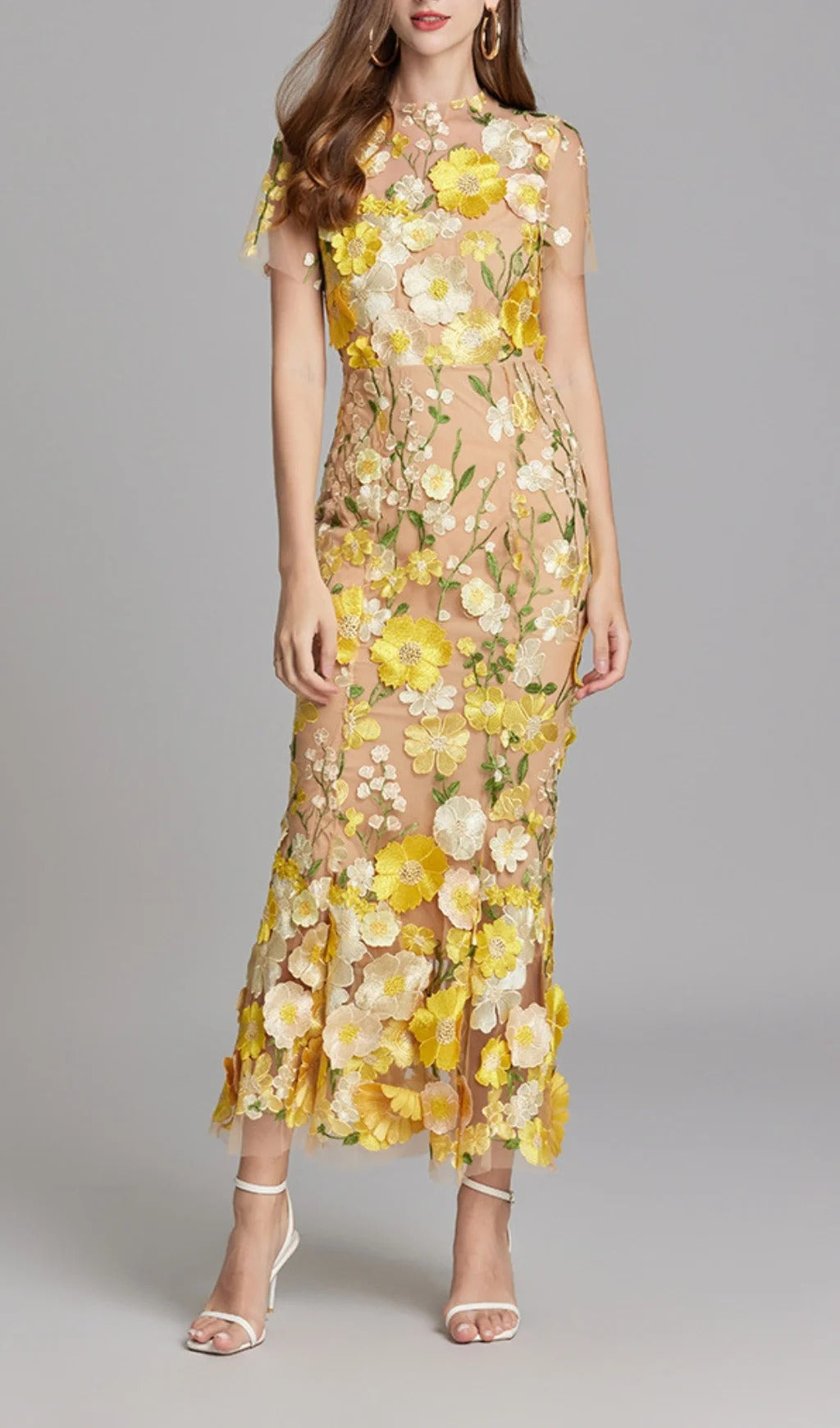 Midi Sleves Floral Embroidery Fishtail Midi Dress