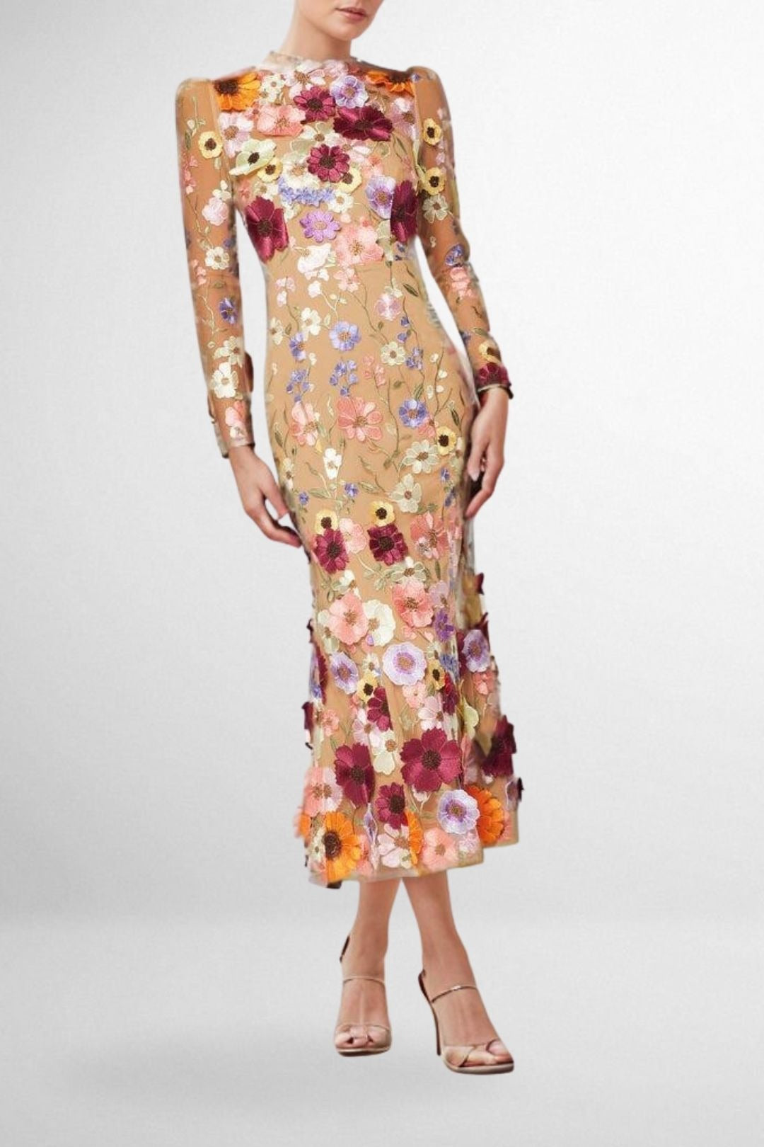 Long Sleves Floral Embroidery Fishtail Midi Dress
