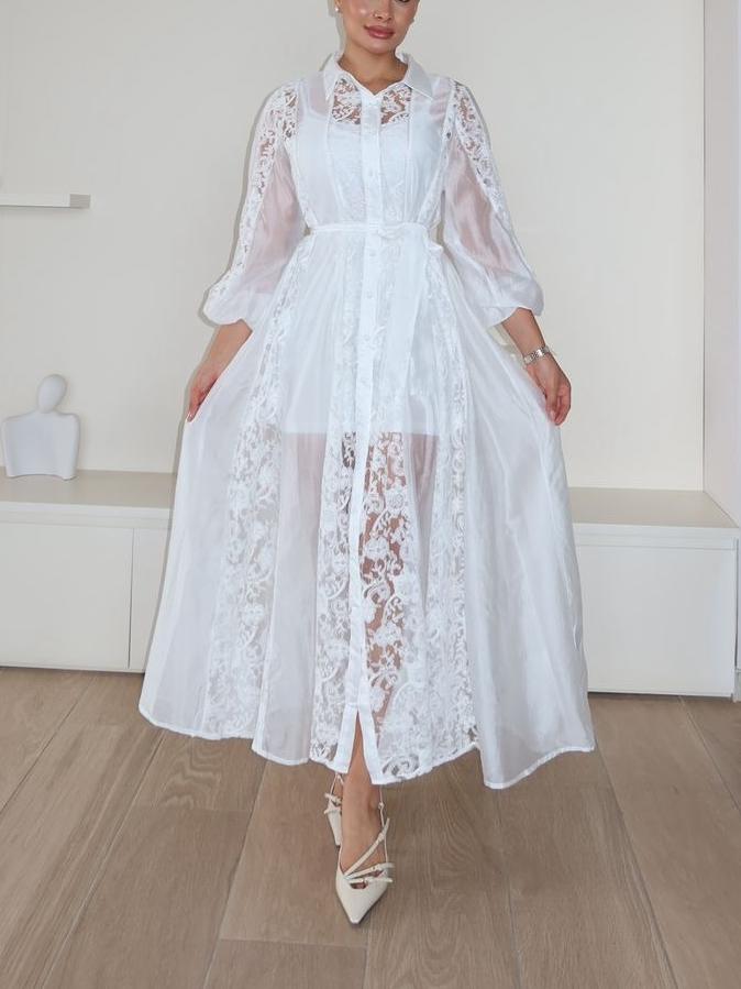 Lace Fabric Long Sleeves Maxi Dress