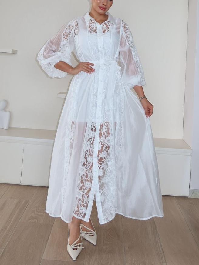Lace Fabric Long Sleeves Maxi Dress