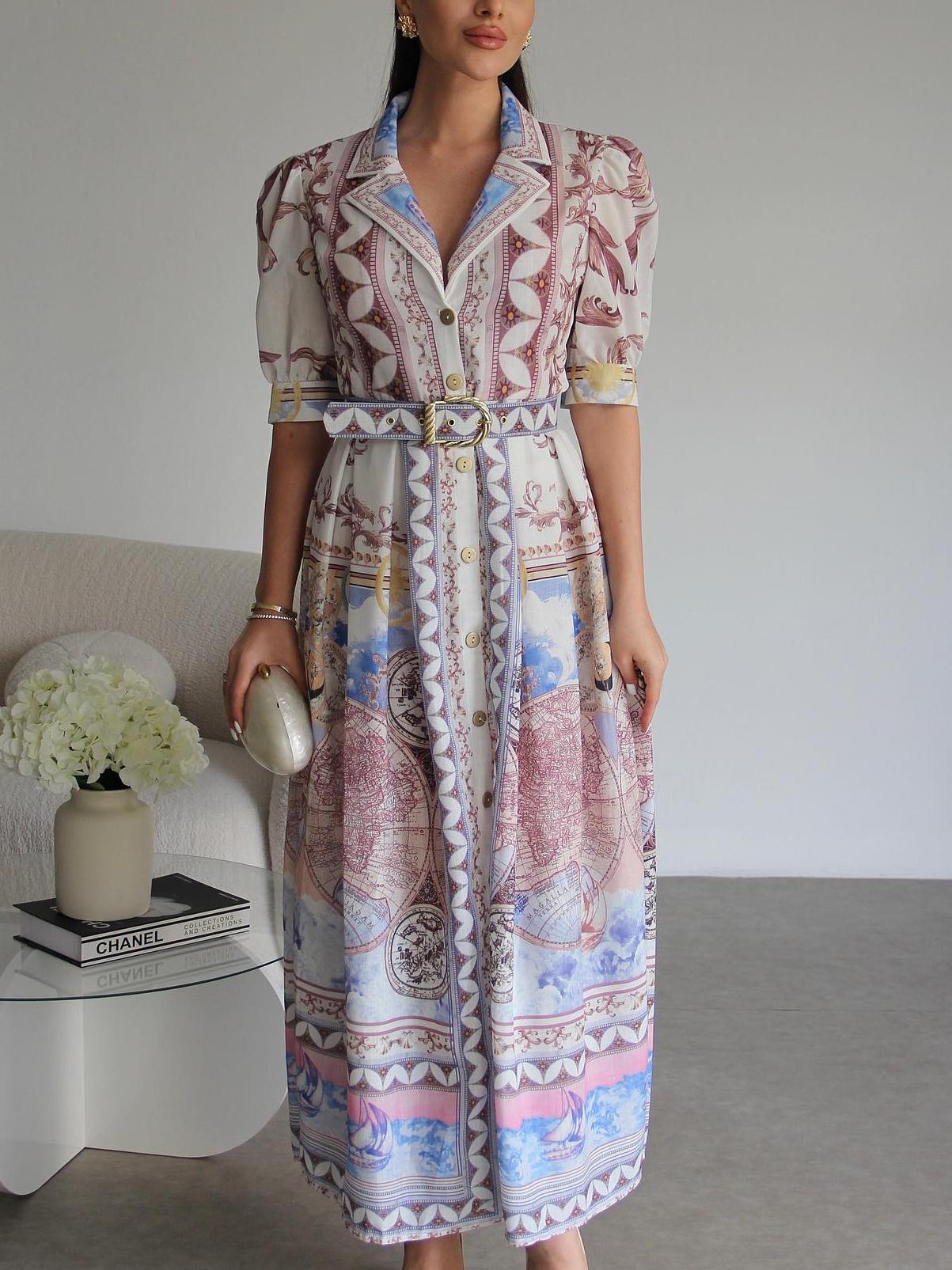 Midi&Long Sleeve Printed Belted Dress