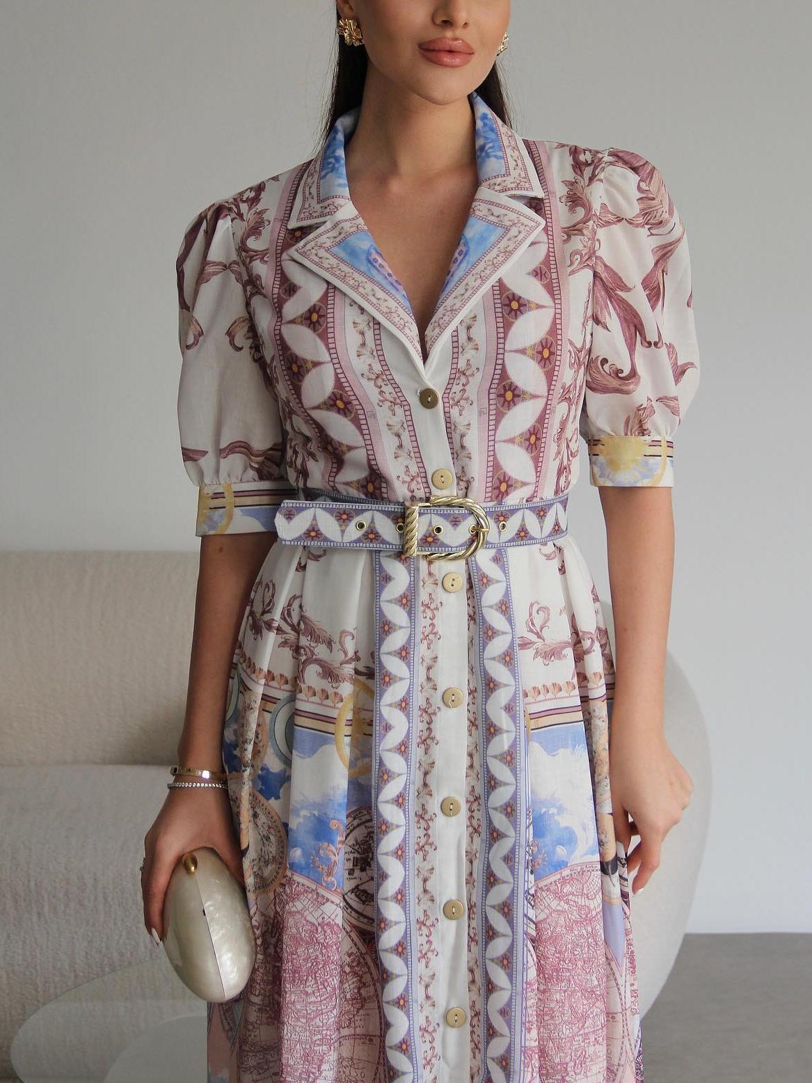 Midi&Long Sleeve Printed Belted Dress