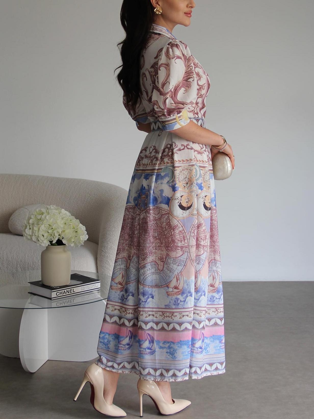 Midi&Long Sleeve Printed Belted Dress
