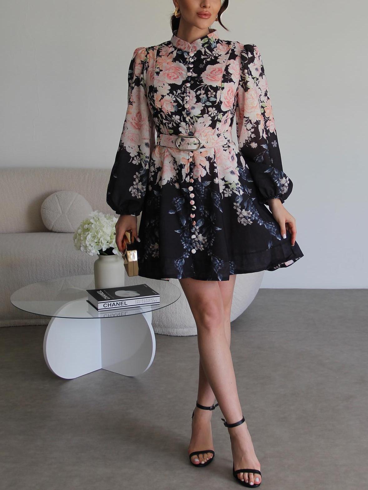 Single-breasted Stand-collar Dress