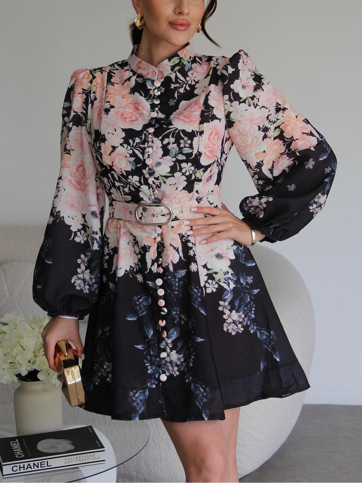Single-breasted Stand-collar Dress