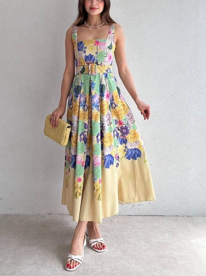 Wide Strap Floral Midi Dress