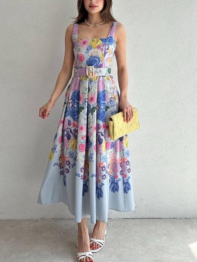 Wide Strap Floral Midi Dress