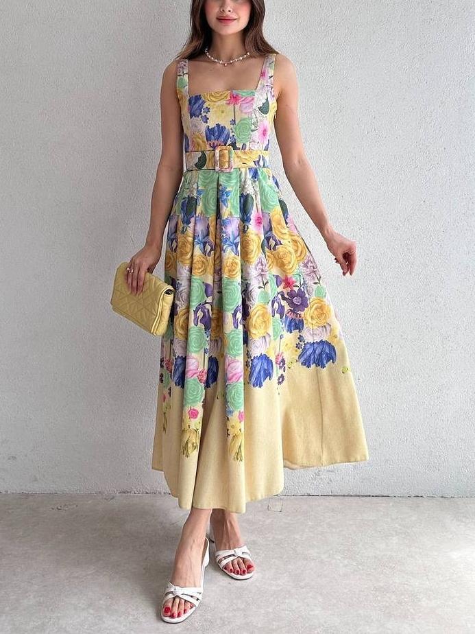 Wide Strap Floral Midi Dress