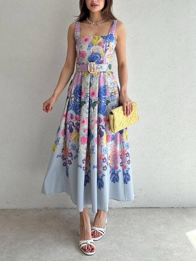 Wide Strap Floral Midi Dress
