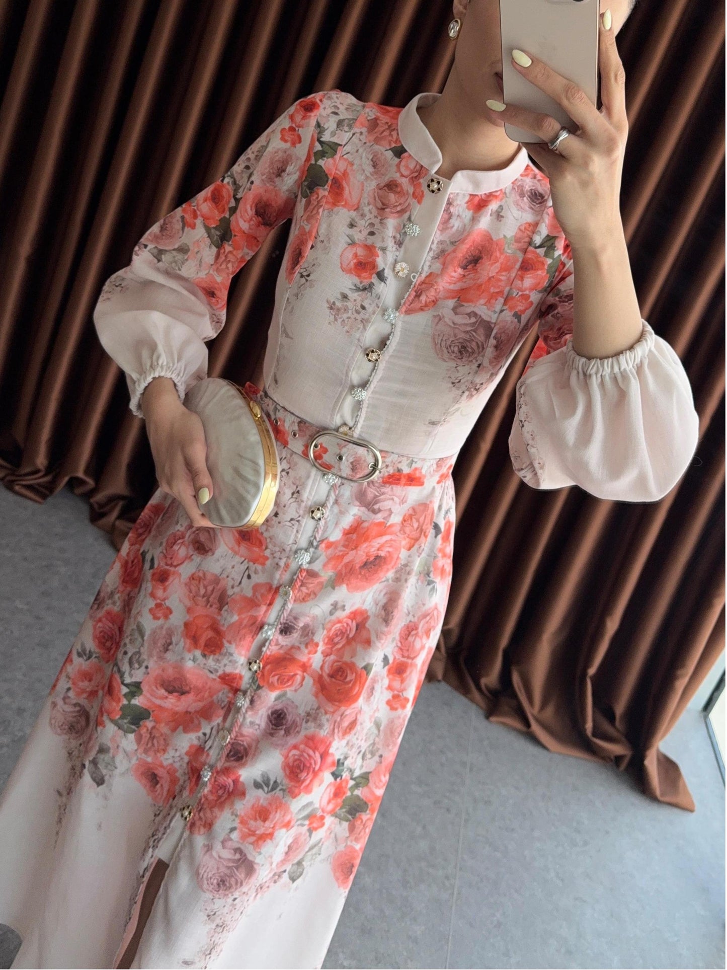 Rose Patterned Belted Midi Dress