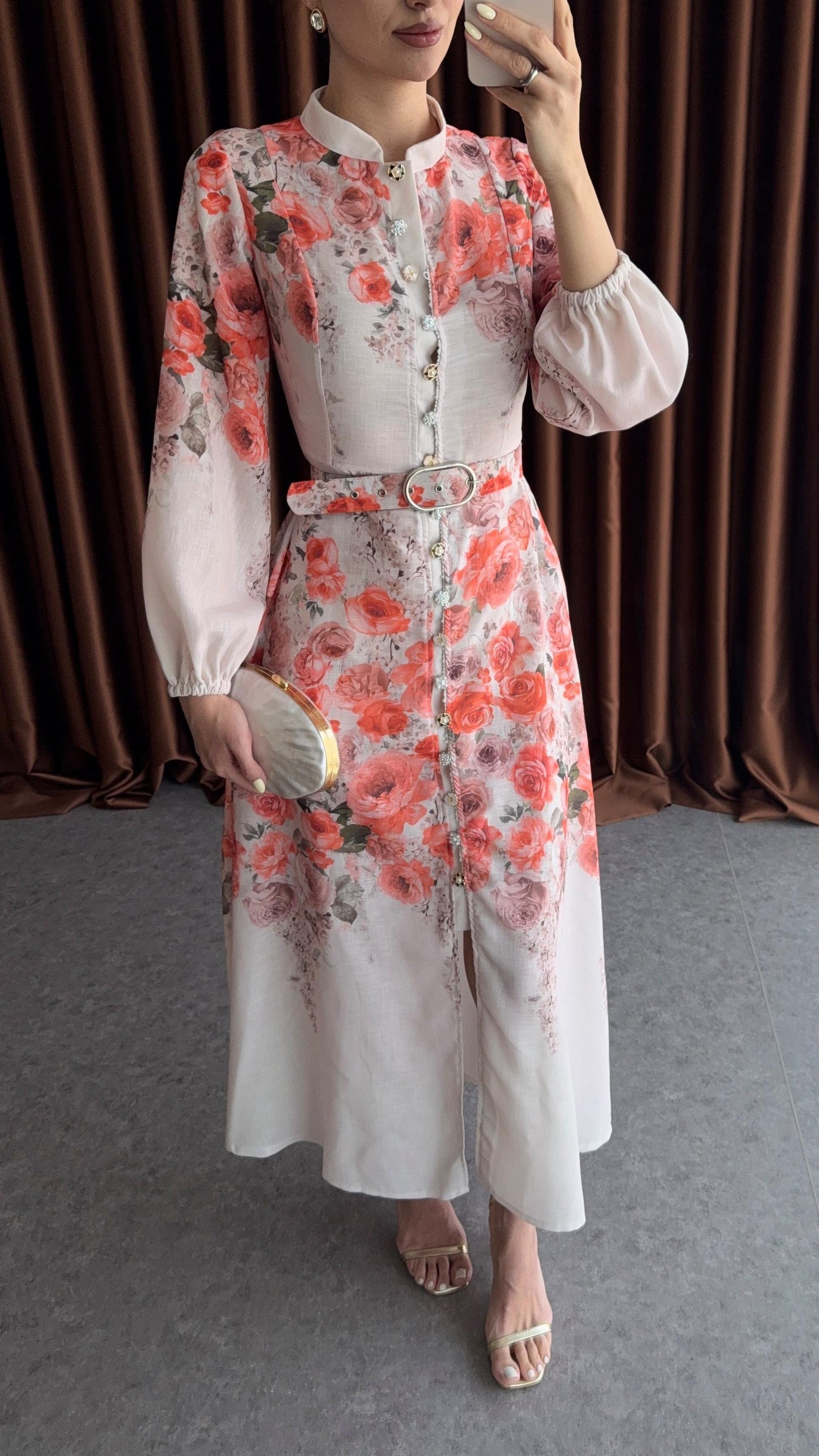 Rose Patterned Belted Midi Dress