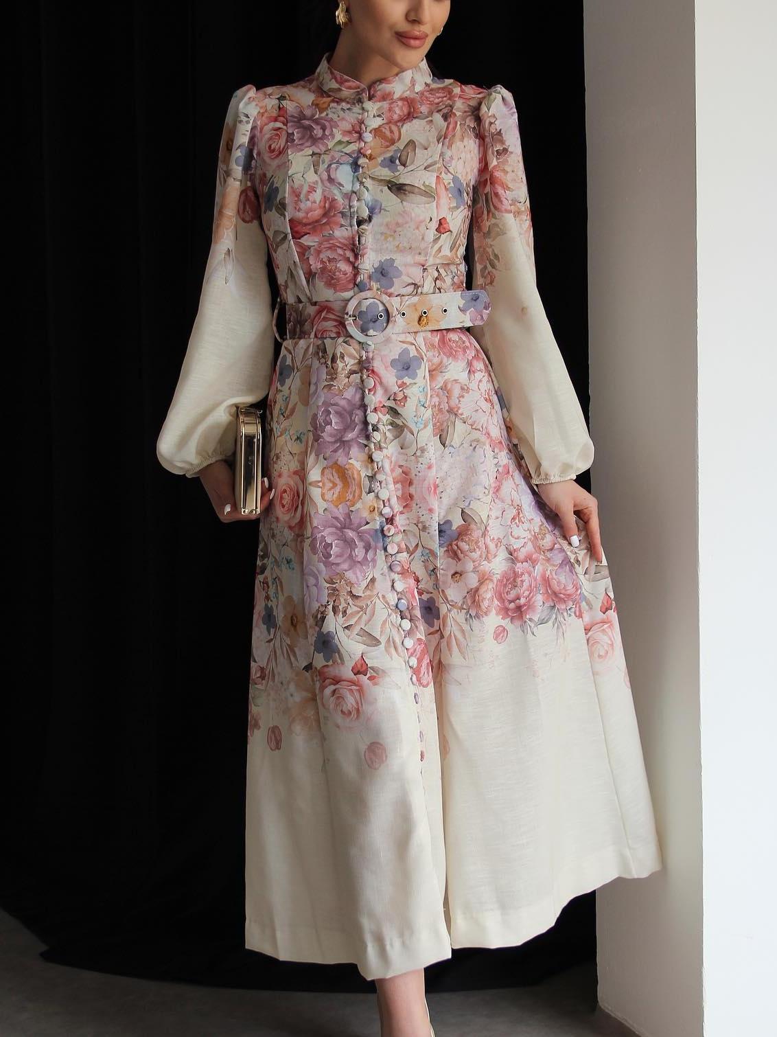 Rose Patterned Belted Midi Dress
