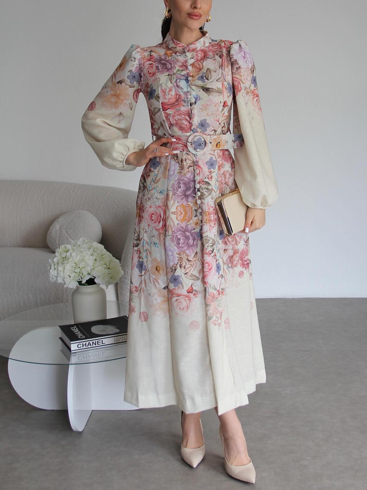 Rose Patterned Belted Midi Dress