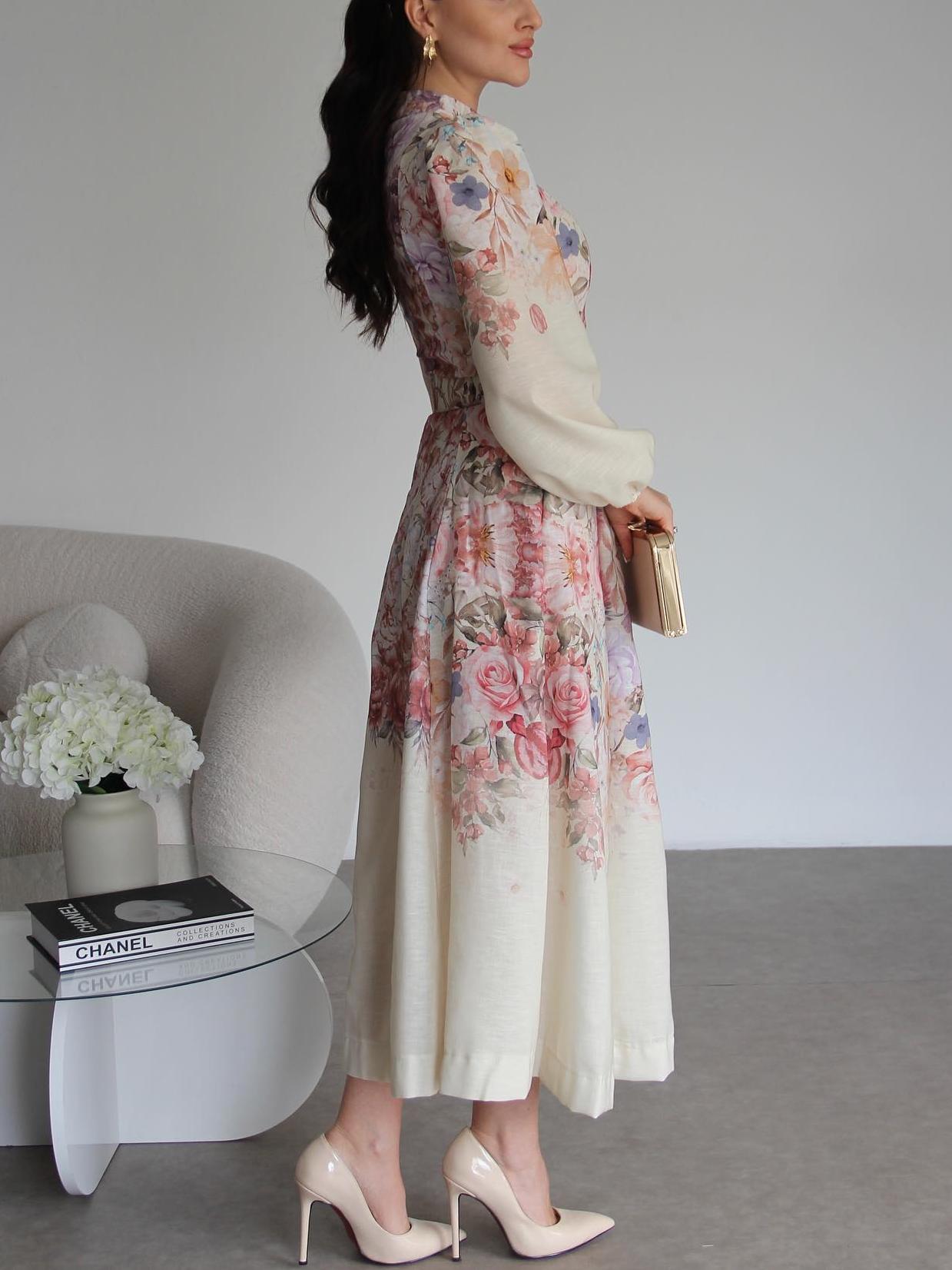 Rose Patterned Belted Midi Dress