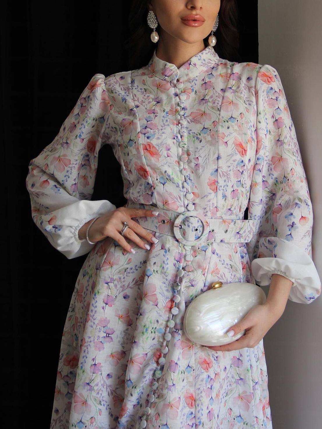 Rose Patterned Belted Midi Dress