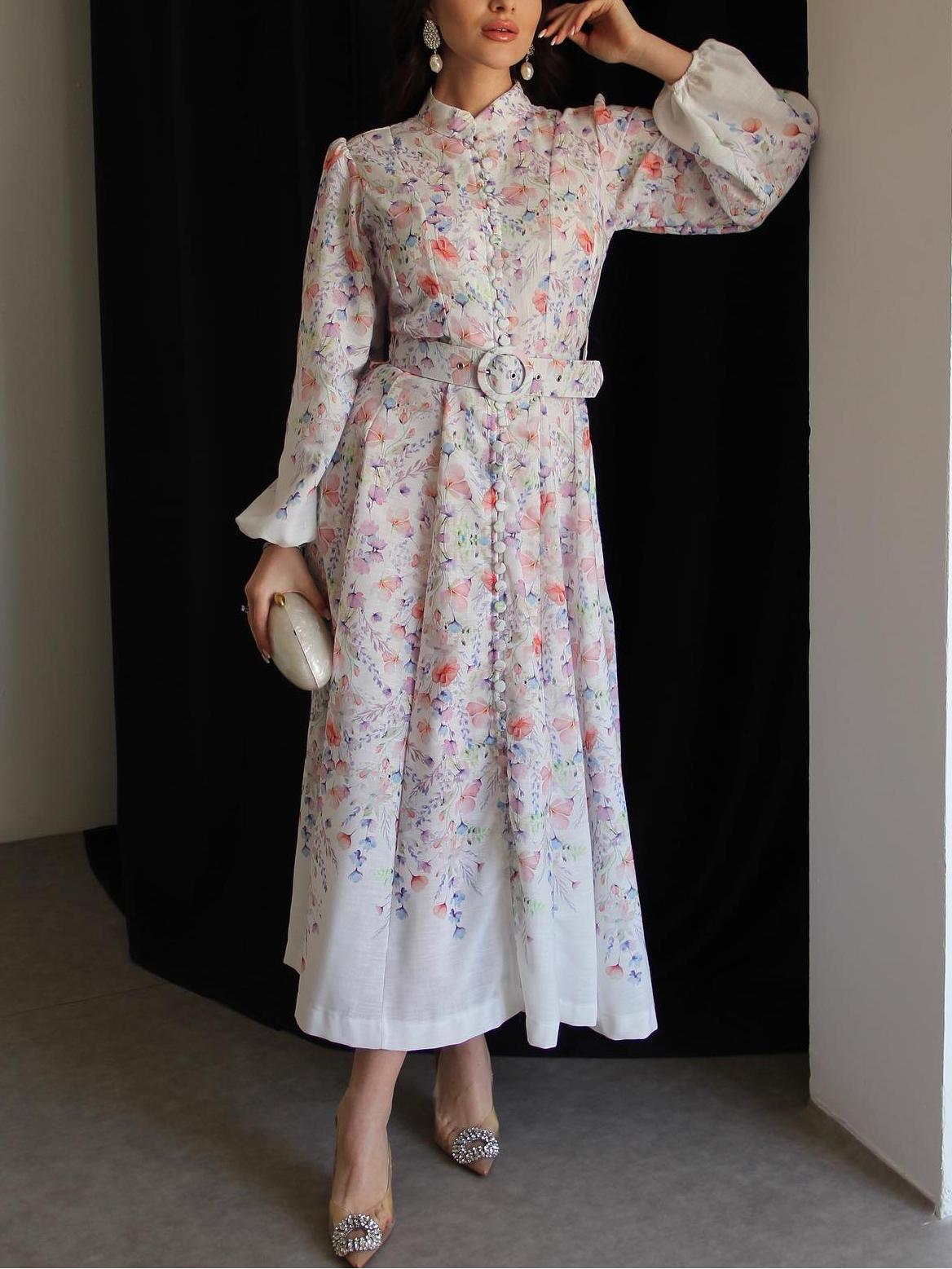 Rose Patterned Belted Midi Dress