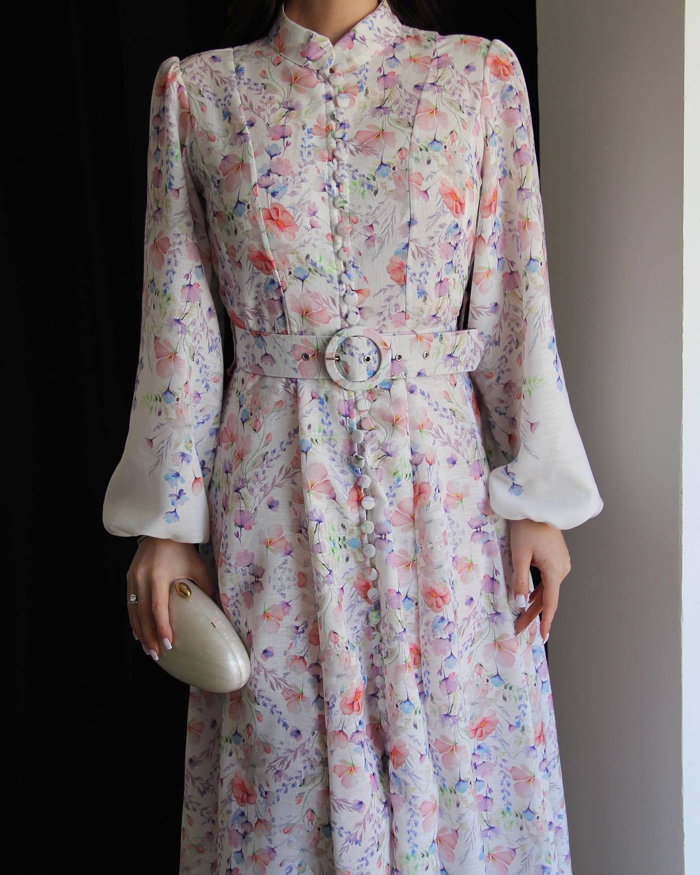 Rose Patterned Belted Midi Dress
