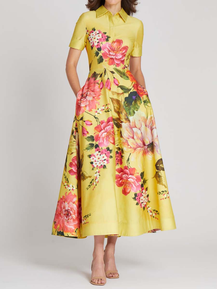 Floral Border Print Shirt Midi Dress