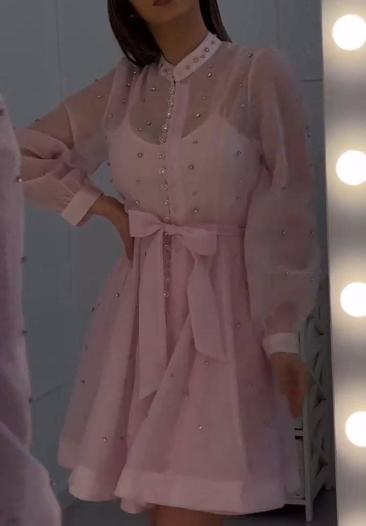Rhinestone Lantern Sleeve Single-breasted Dress