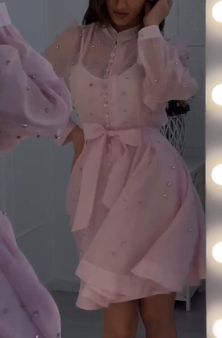 Rhinestone Lantern Sleeve Single-breasted Dress