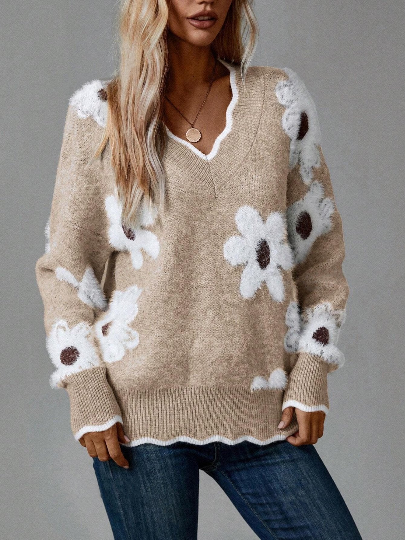 Floral Scallop Neck Sweater