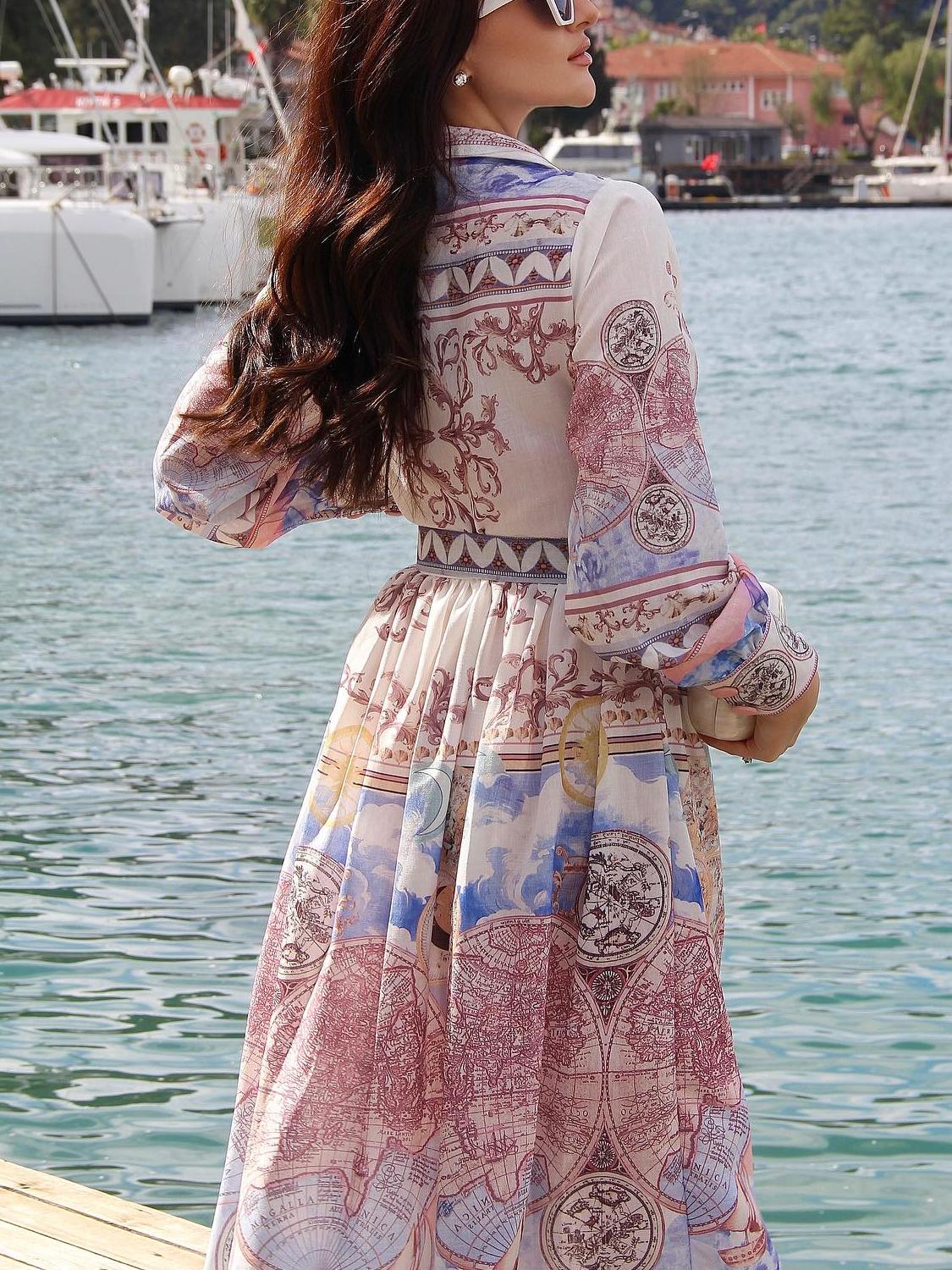 Midi&Long Sleeve Printed Belted Dress
