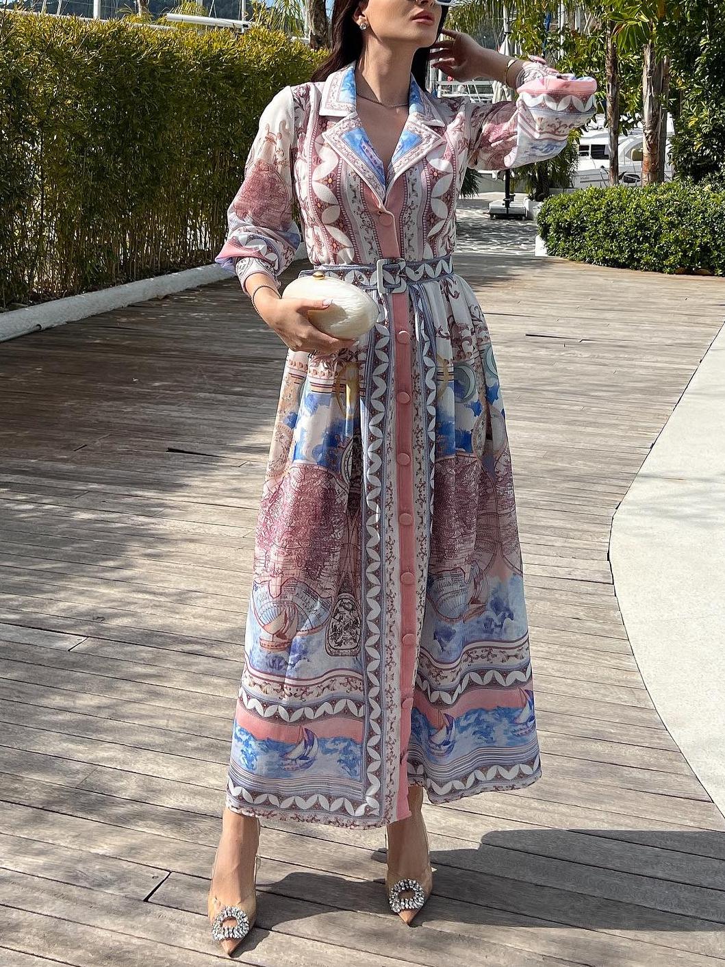 Midi&Long Sleeve Printed Belted Dress