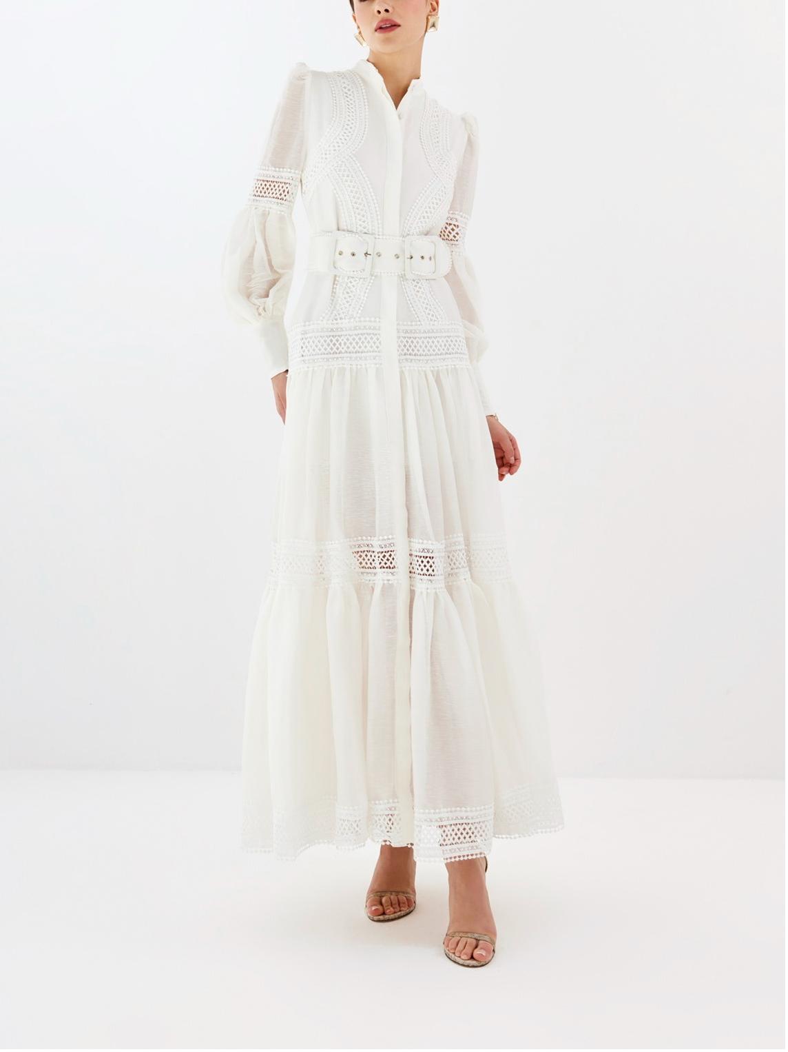 Looped Buttons Midi White Dress