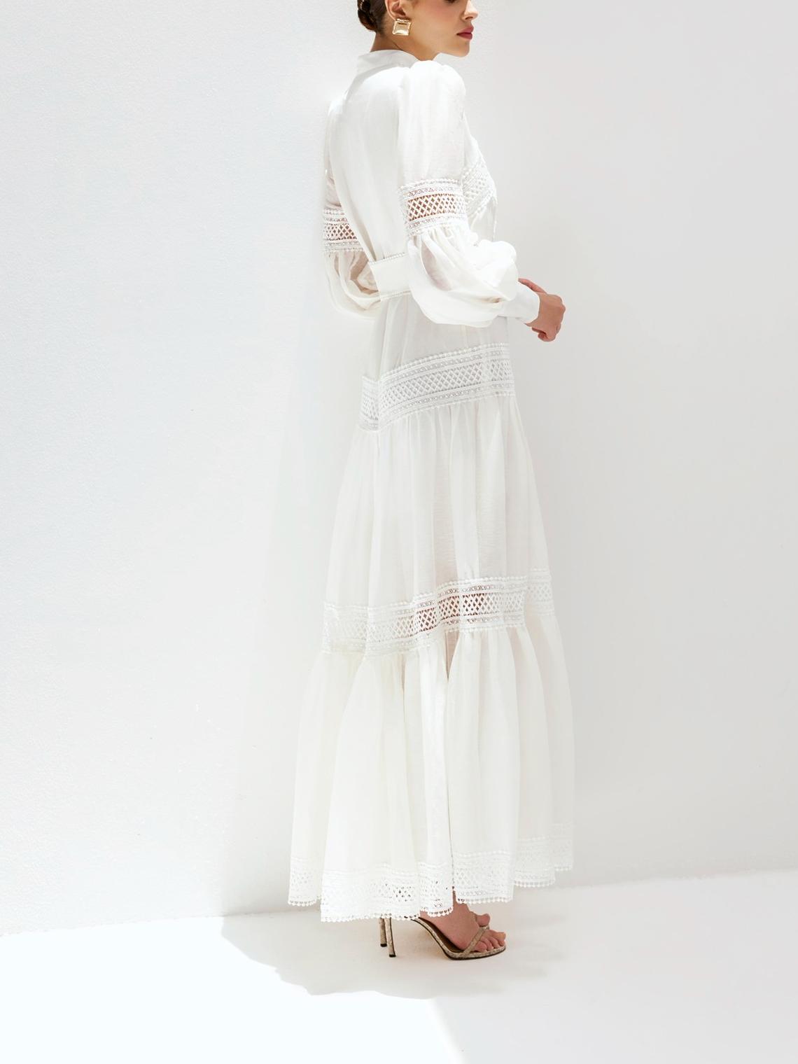 Looped Buttons Midi White Dress