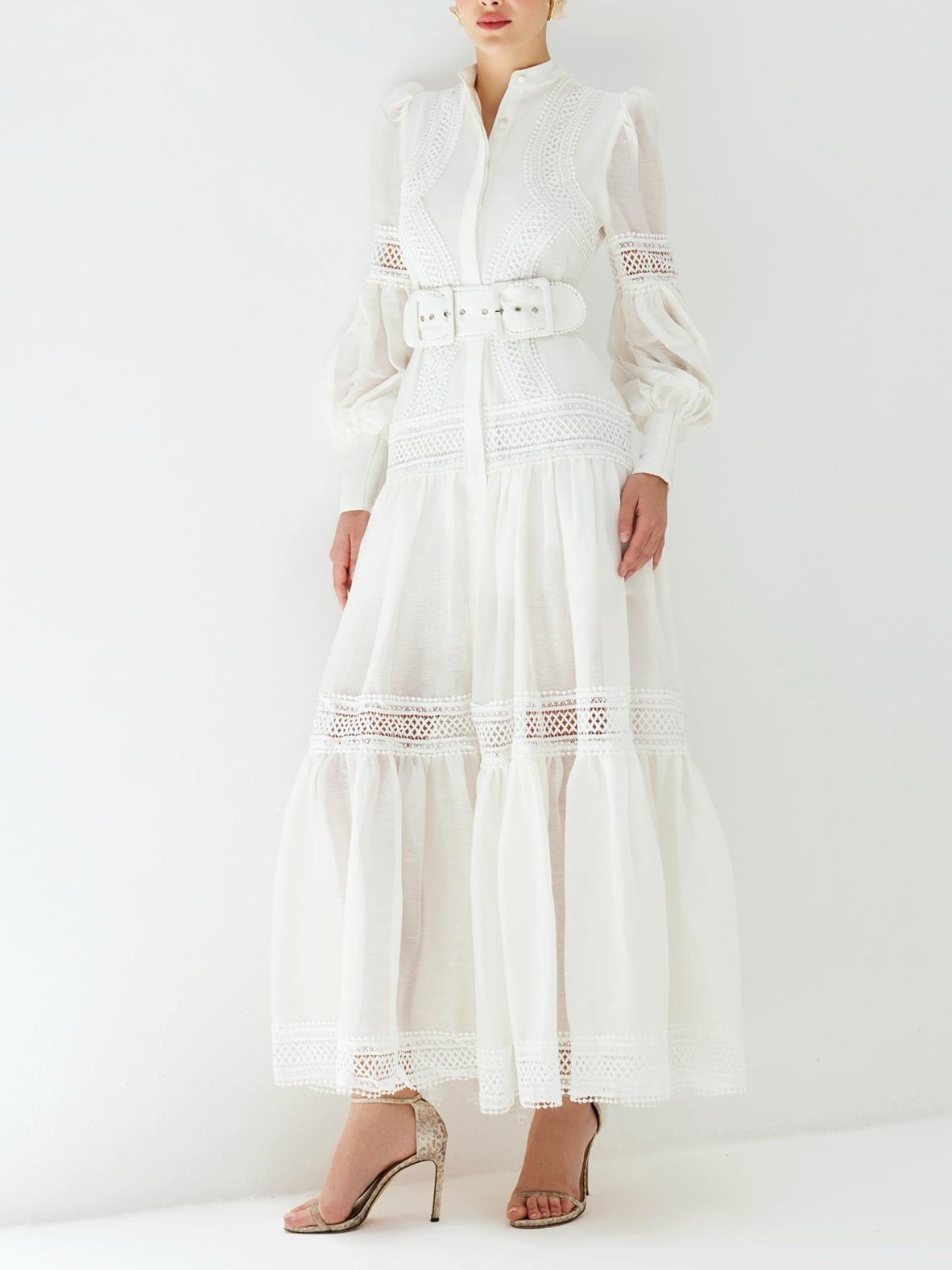 Looped Buttons Midi White Dress