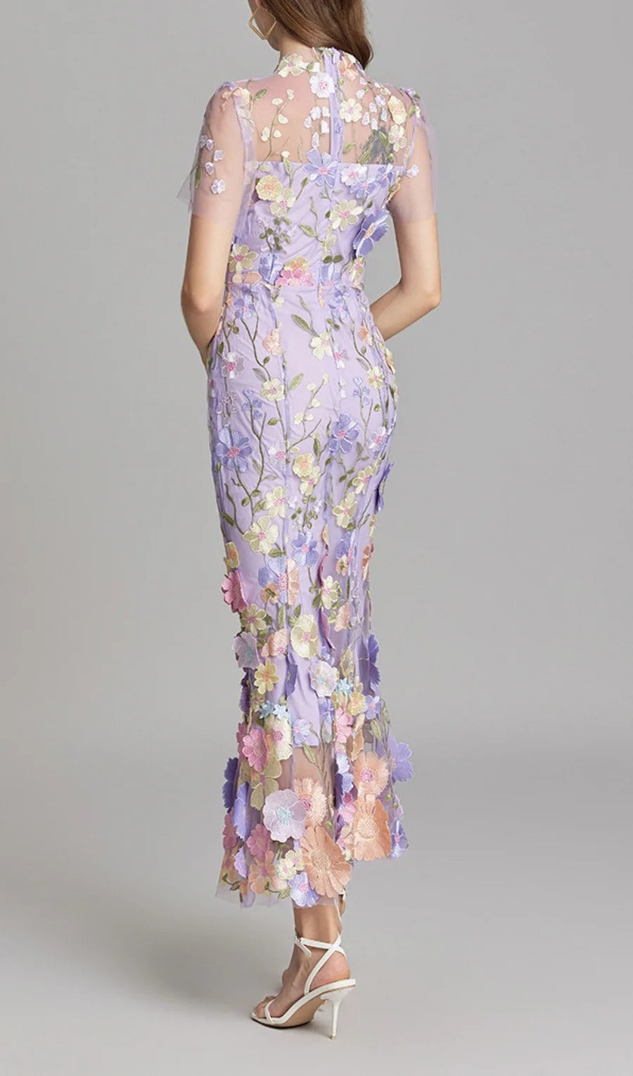 Midi Sleves Floral Embroidery Fishtail Midi Dress