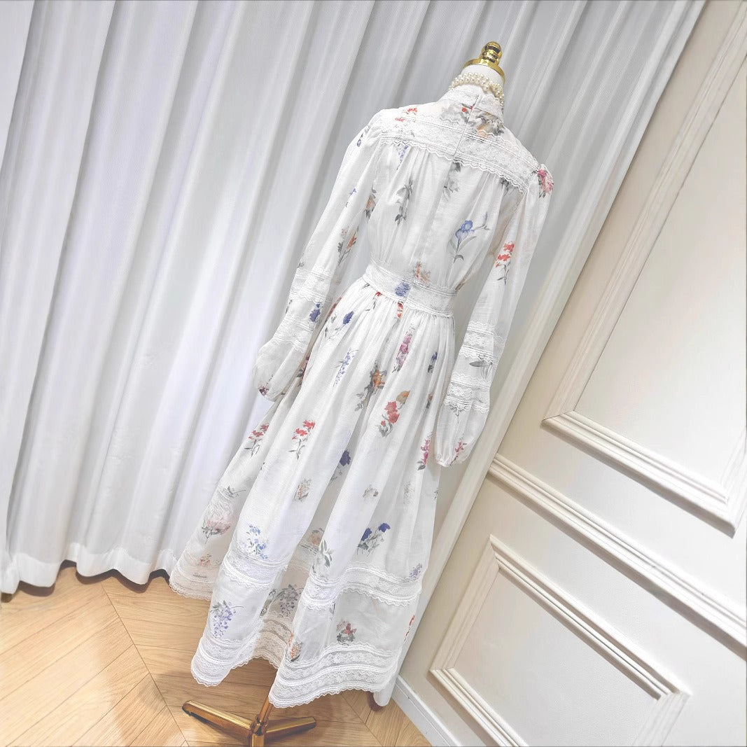 V-Neck Printed Long Sleeve Waist Dress