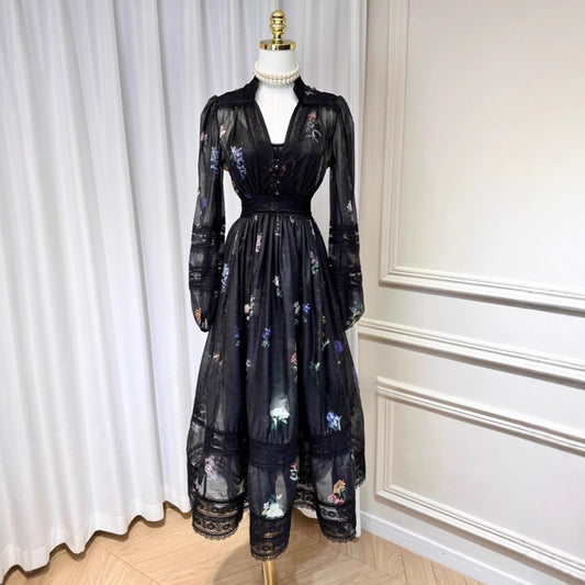 V-Neck Printed Long Sleeve Waist Dress
