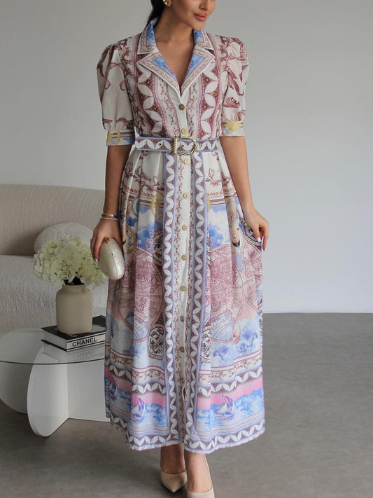 Midi&Long Sleeve Printed Belted Dress