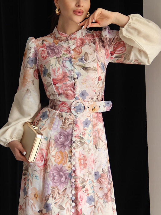 Rose Patterned Belted Midi Dress