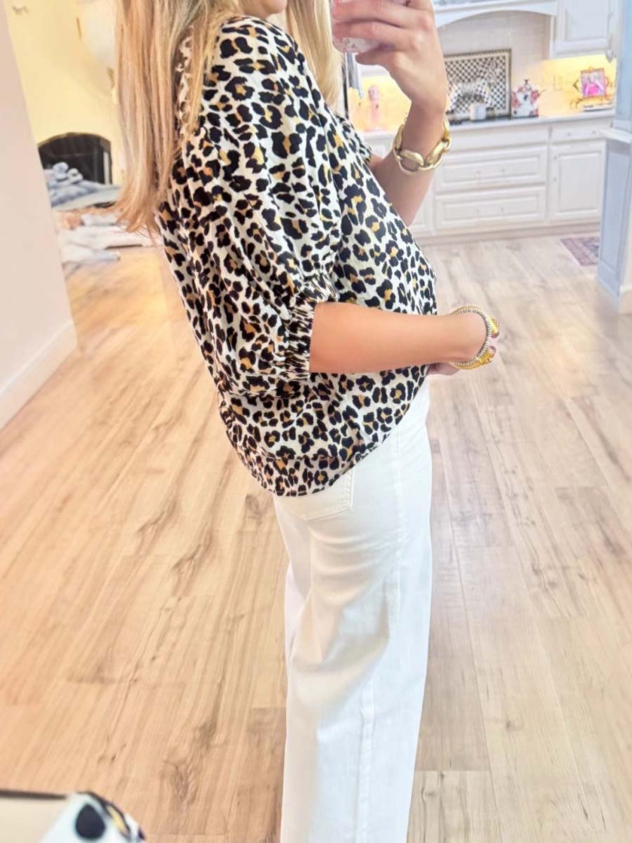 V Neck Batwing Sleeve Leopard Print Top