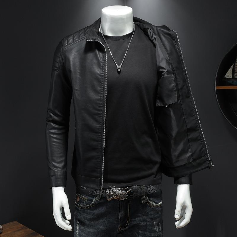 Standing collar leather jacket