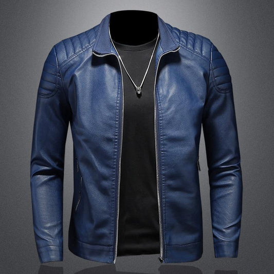 Standing collar leather jacket