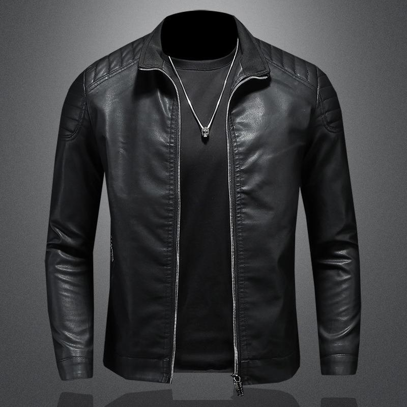 Standing collar leather jacket